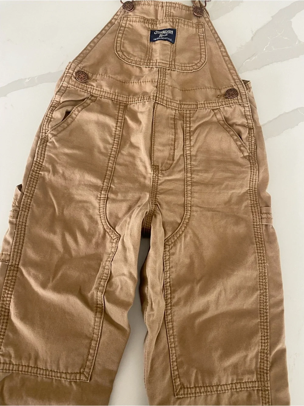 OshKosh B'gosh tan khaki Cotton Canvas carpenter Bib Overalls 24 Months